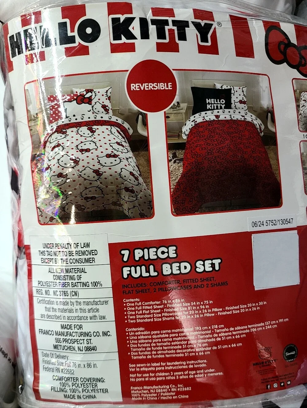 Hello Kitty Polka Dot 7 Piece Super Soft Comforter and Sheet Set Full Reversible